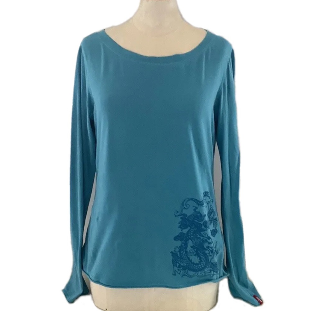 LEVI'S turquoise long sleeve cotton tee w/ dragon printed motif. L